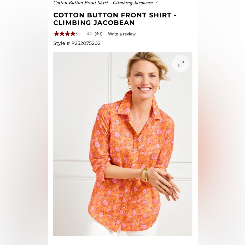 Talbots cotton button front shirt climbing Jacobean. Worn 2x.